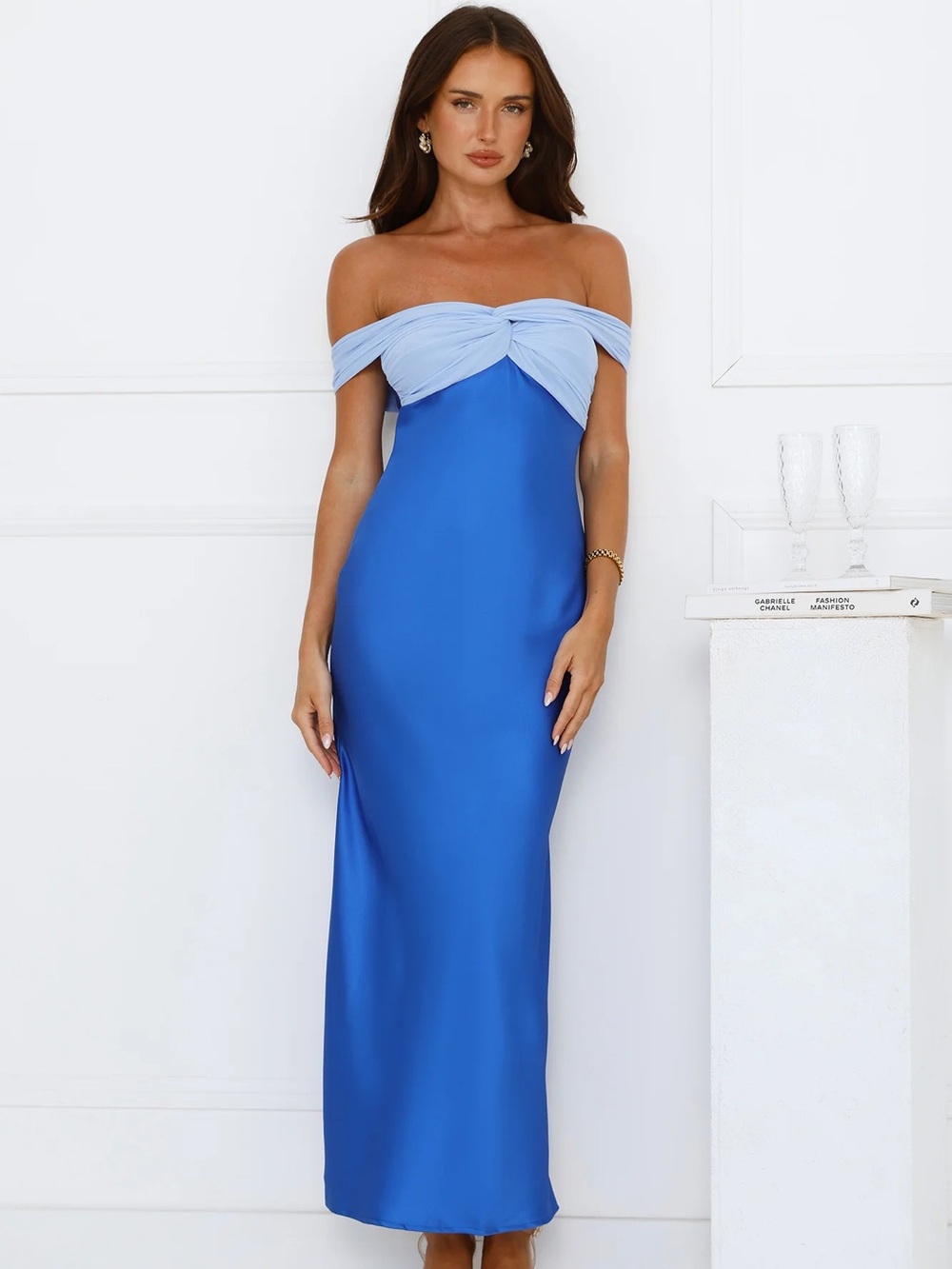 LUXE AND LIKES OFF SHOULDER SATIN MAXI DRESS BLUE